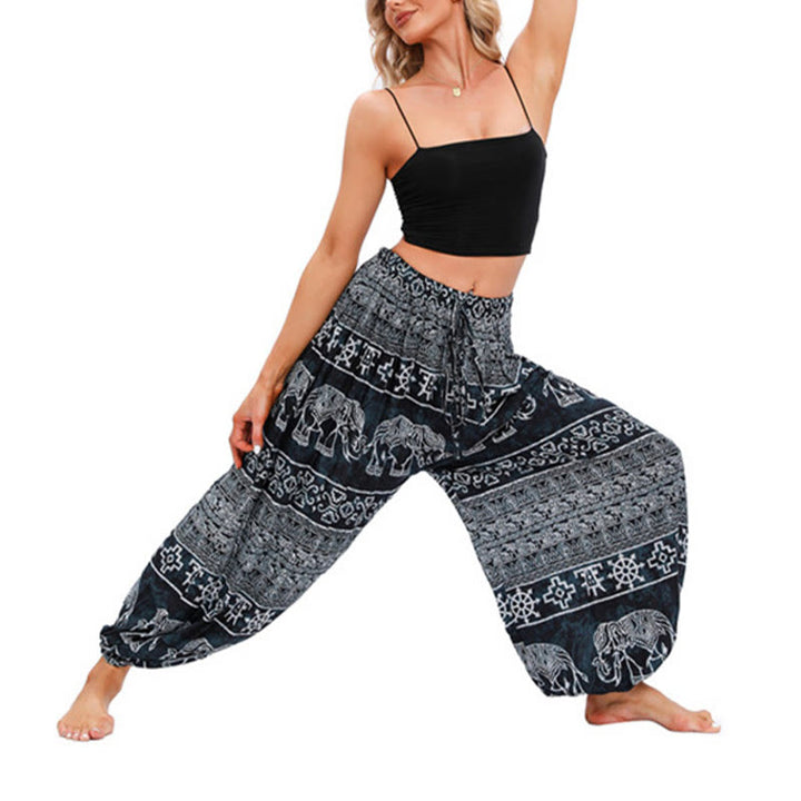 Buddha-Steine, Elefant, Geometrie-Muster, lässige, lockere Haremshose für Damen, Yogahose