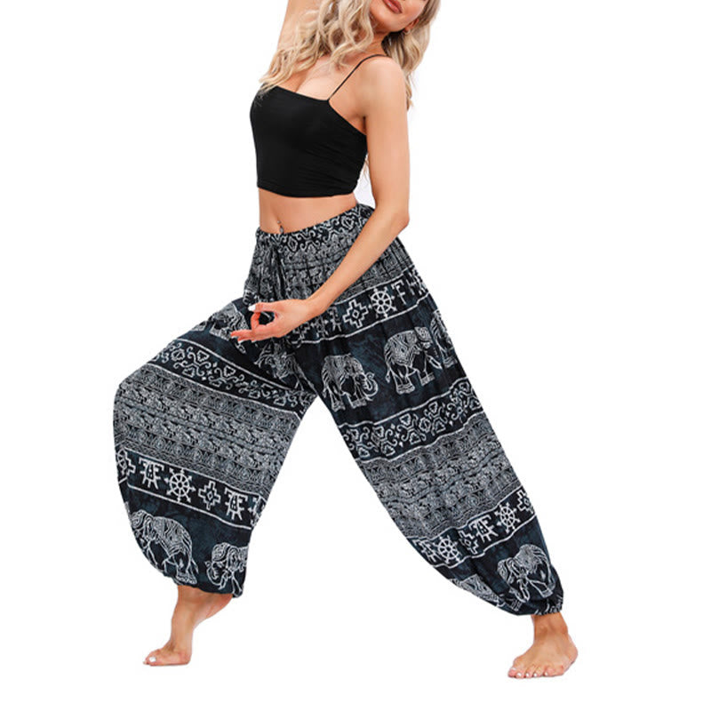 Buddha Stones, Elefanten-Geometrie-Muster, lässige, lockere Haremshose, Damen-Yogahose - Schwarz – US 4–8/10, UK/AU 8–12/14, EU 36–40/42 (Damen) - image 8