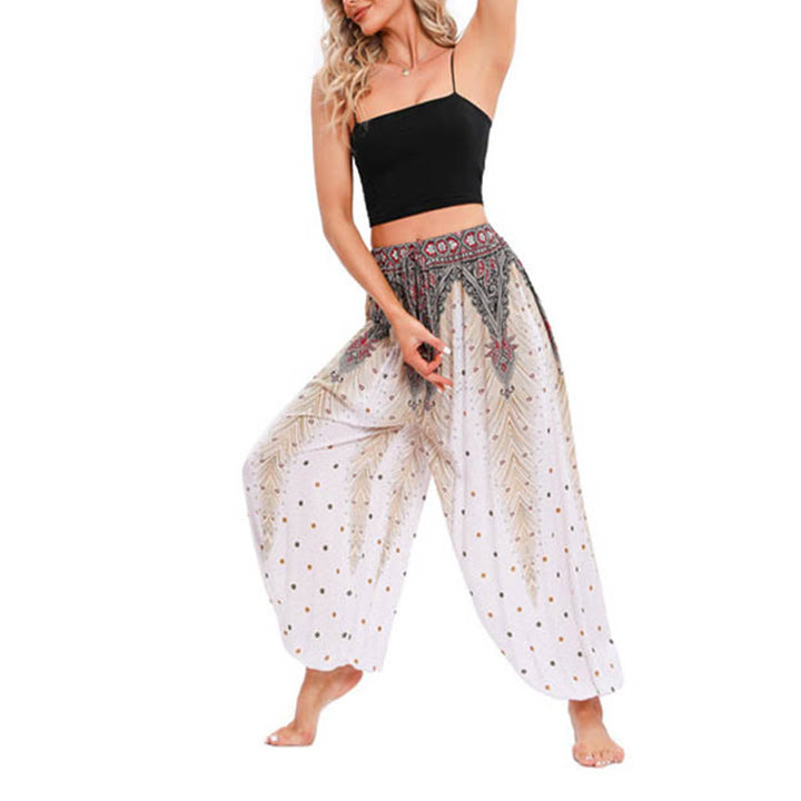 Buddha Stones Pfauenfeder Muster Lockere Haremshose Damen Yogahose