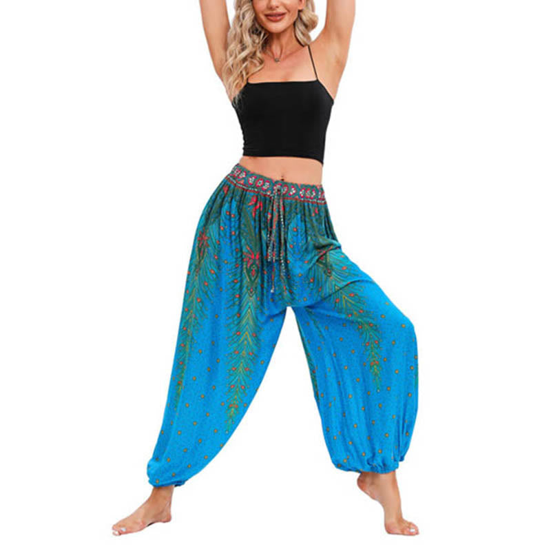 Buddha Stones Pfauenfeder Muster Lockere Haremshose Damen Yogahose