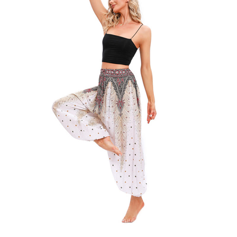 Buddha Stones Pfauenfeder Muster Lockere Haremshose Damen Yogahose