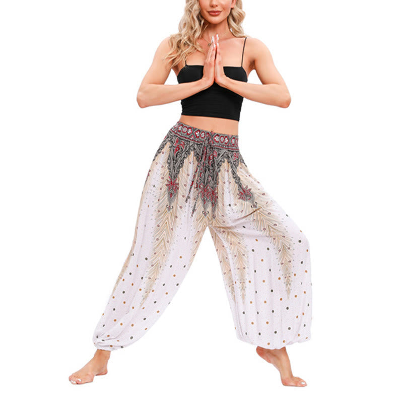 Buddha Stones Pfauenfeder Muster Lockere Haremshose Damen Yogahose