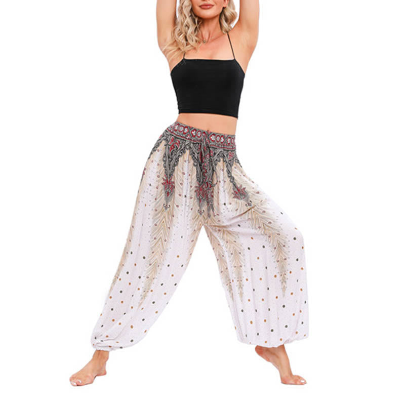 Buddha Stones Pfauenfeder Muster Lockere Haremshose Damen Yogahose