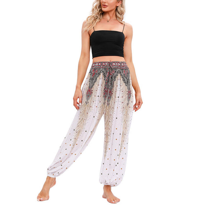 Buddha Stones Pfauenfeder Muster Lockere Haremshose Damen Yogahose