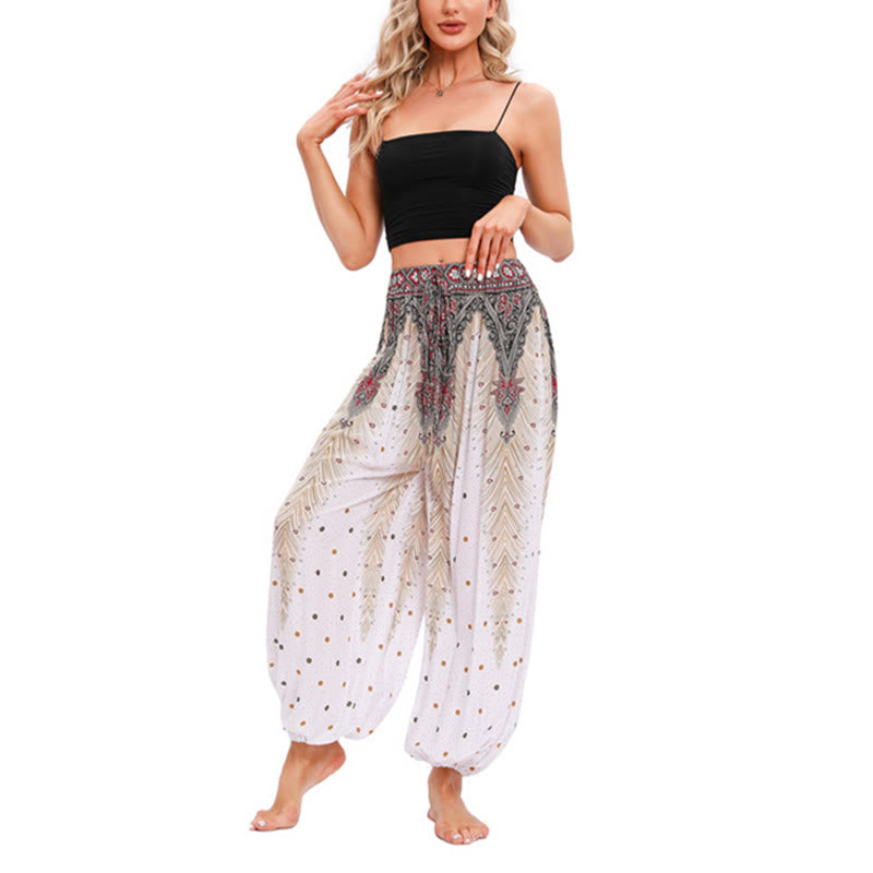 Buddha Stones Pfauenfeder Muster Lockere Haremshose Damen Yogahose