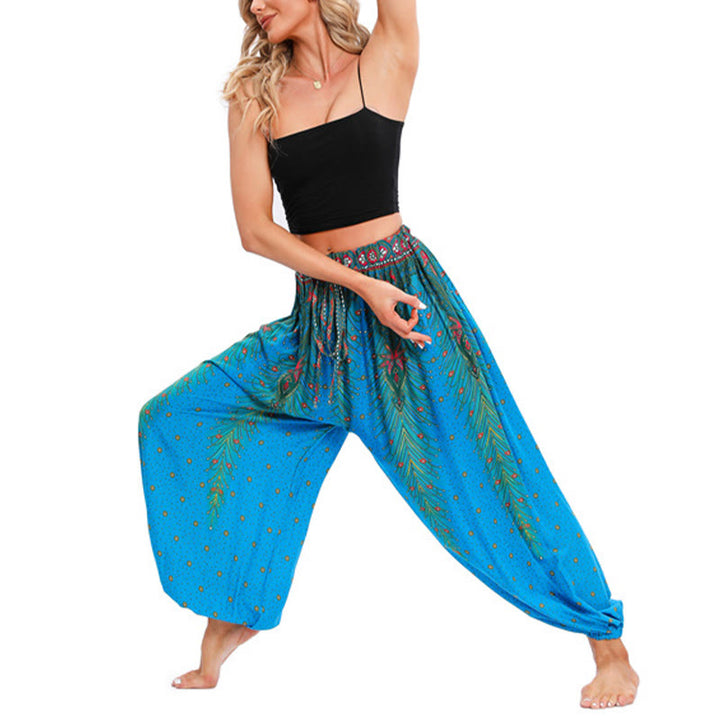 Buddha Stones Pfauenfeder Muster Lockere Haremshose Damen Yogahose