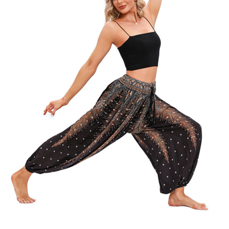 Buddha Stones Pfauenfeder Muster Lockere Haremshose Damen Yogahose