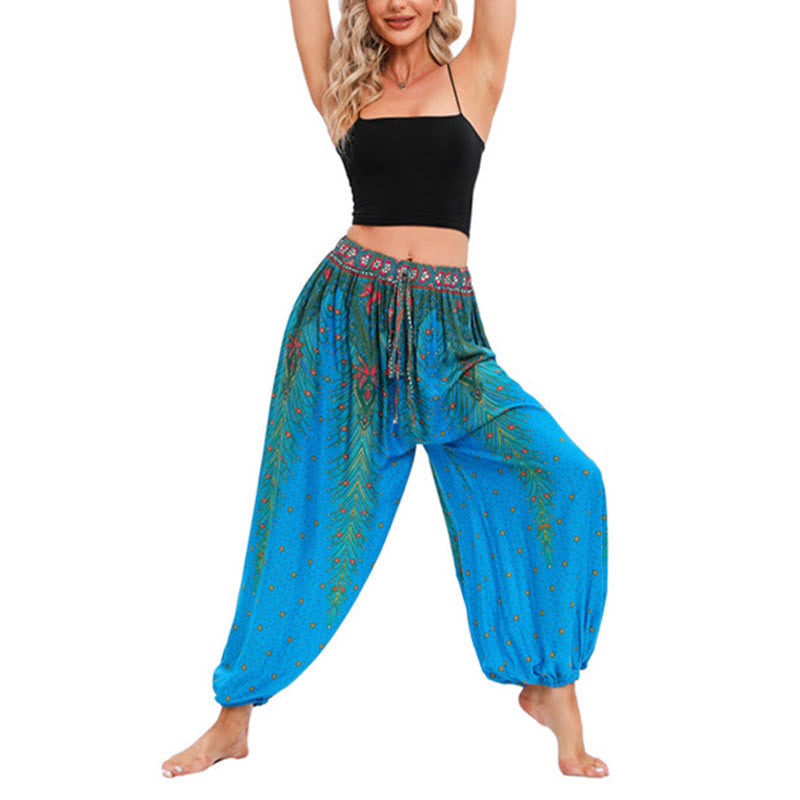 Buddha Stones Pfauenfeder Muster Lockere Haremshose Damen Yogahose