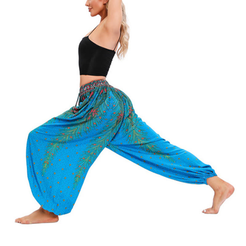 Buddha Stones Pfauenfeder Muster Lockere Haremshose Damen Yogahose