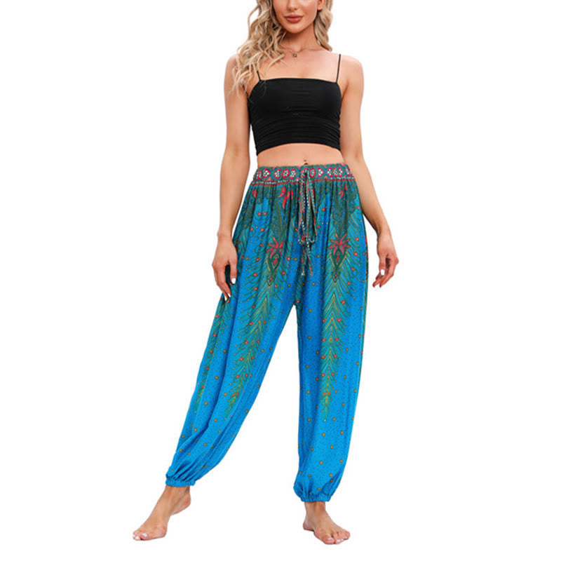 Buddha Stones Pfauenfeder Muster Lockere Haremshose Damen Yogahose