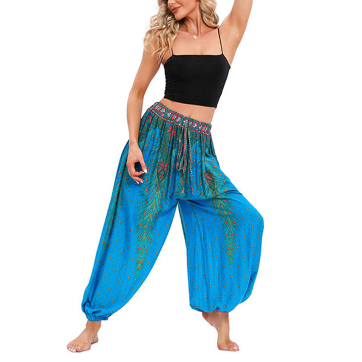 Buddha Stones Pfauenfeder Muster Lockere Haremshose Damen Yogahose