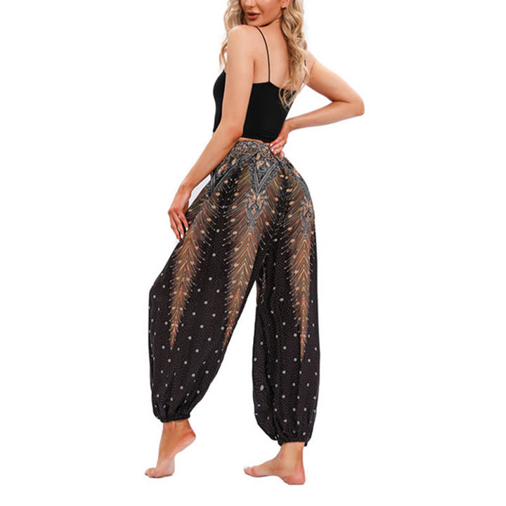 Buddha Stones Pfauenfeder Muster Lockere Haremshose Damen Yogahose