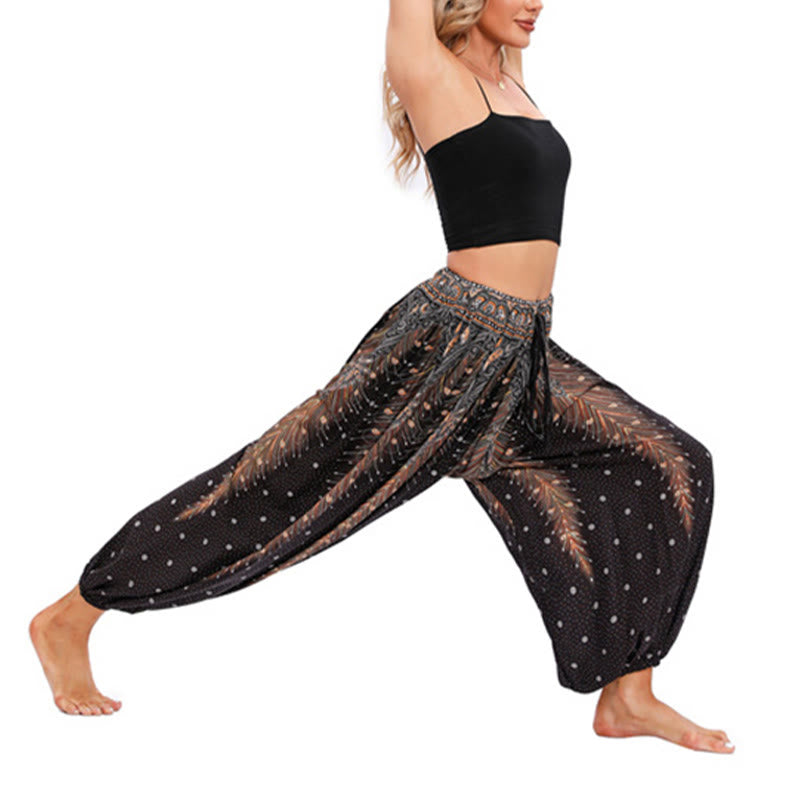 Buddha Stones Pfauenfeder Muster Lockere Haremshose Damen Yogahose