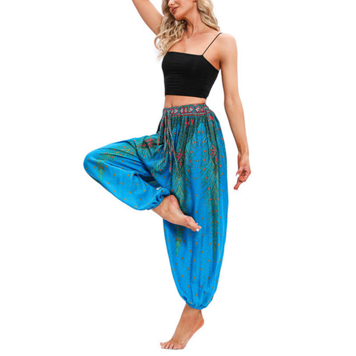 Buddha Stones Pfauenfeder Muster Lockere Haremshose Damen Yogahose