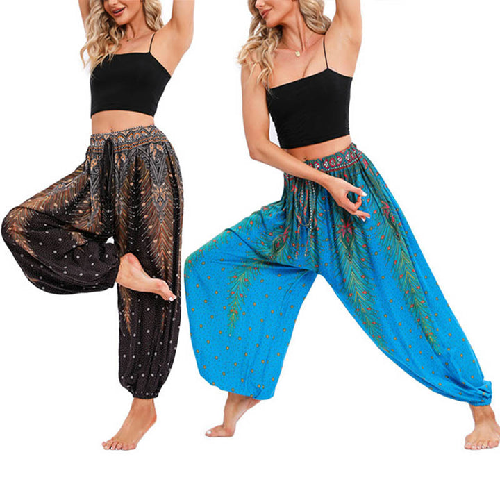 Buddha Stones Pfauenfeder Muster Lockere Haremshose Damen Yogahose