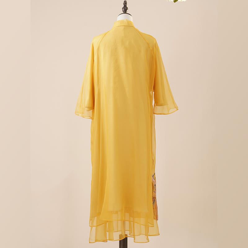 Buddha Stones 100 % Maulbeerseide-Organza-Kleid, besticktes gelbes Phoenix-Qipao-Cheongsam-Kleid - image 7