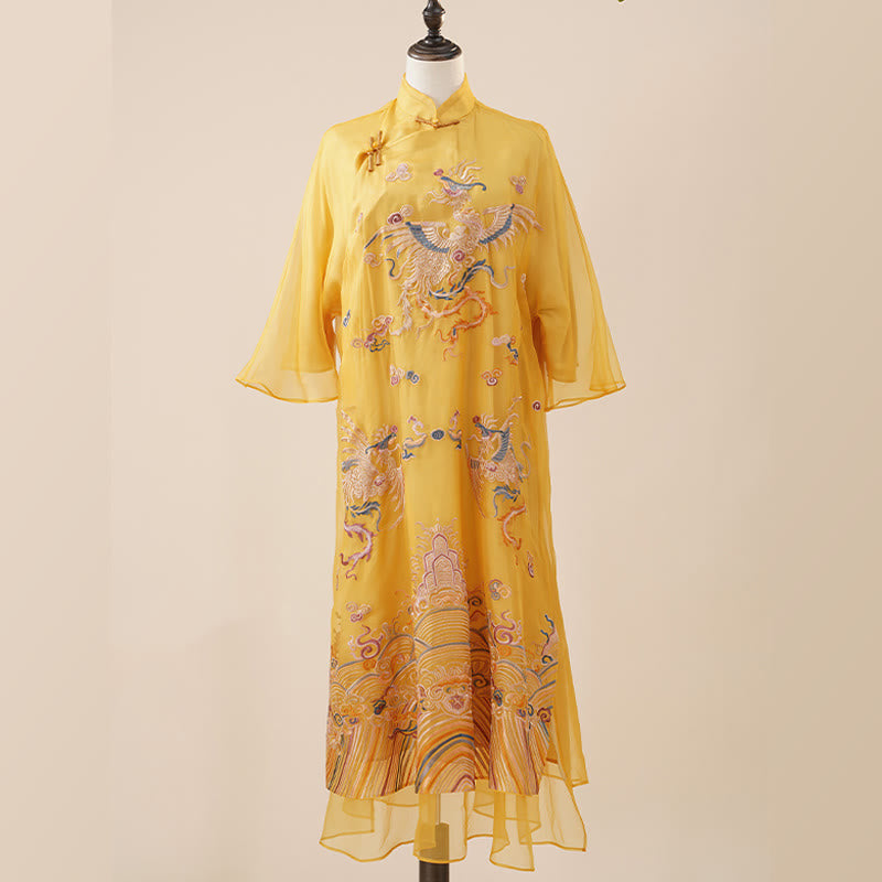 Buddha Stones 100 % Maulbeerseide-Organza-Kleid, besticktes gelbes Phoenix-Qipao-Cheongsam-Kleid