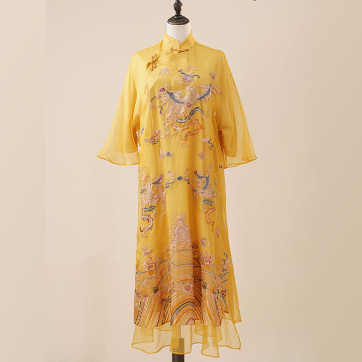 Buddha Stones 100 % Maulbeerseide-Organza-Kleid, besticktes gelbes Phoenix-Qipao-Cheongsam-Kleid