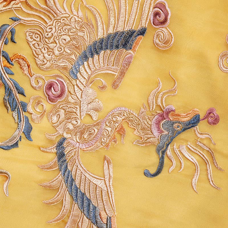 Buddha Stones 100 % Maulbeerseide-Organza-Kleid, besticktes gelbes Phoenix-Qipao-Cheongsam-Kleid - image 9