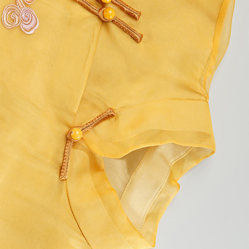 Buddha Stones 100 % Maulbeerseide-Organza-Kleid, besticktes gelbes Phoenix-Qipao-Cheongsam-Kleid - image 8