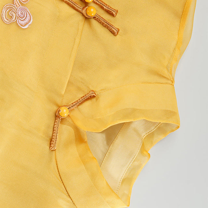 Buddha Stones 100 % Maulbeerseide-Organza-Kleid, besticktes gelbes Phoenix-Qipao-Cheongsam-Kleid - image 8