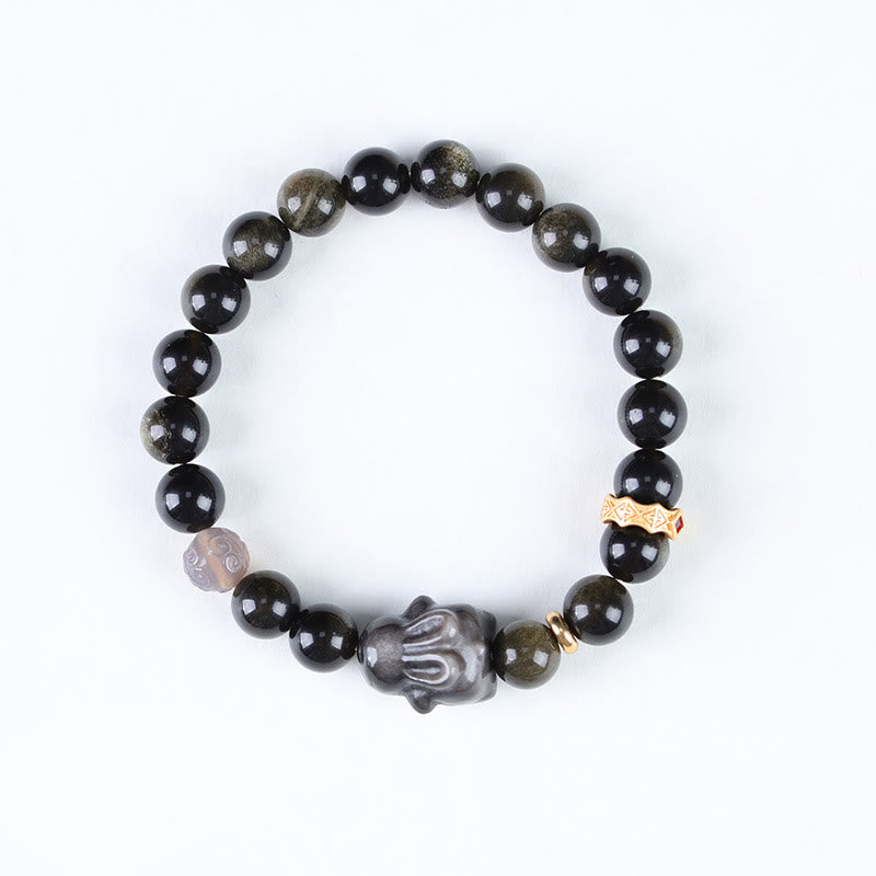 Buddha-Steine Goldglanz-Obsidian Schwarzer Obsidian Silberglanz-Obsidian Niedliches Kaninchen-Schutzarmband