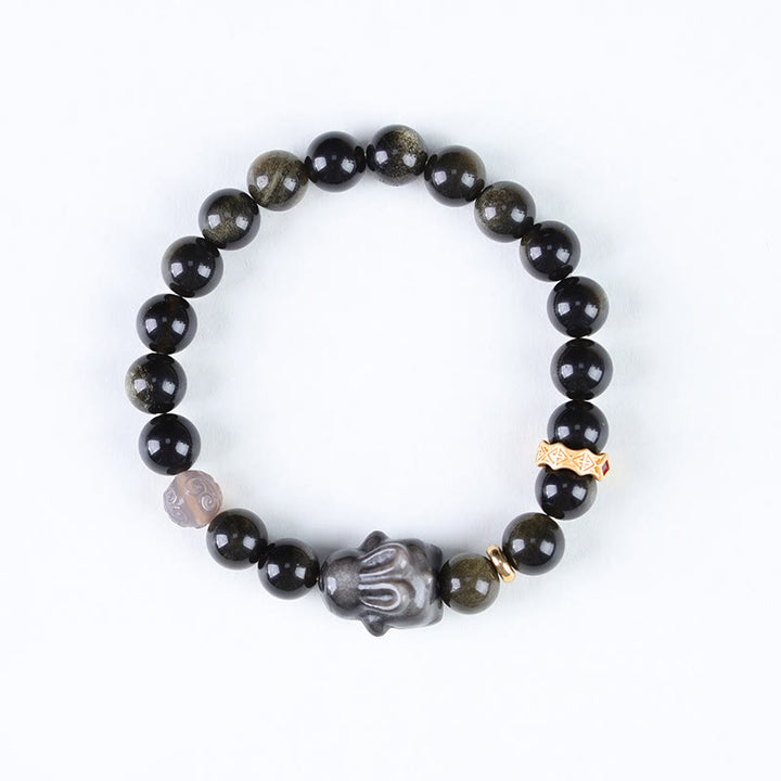 Buddha-Steine Goldglanz-Obsidian Schwarzer Obsidian Silberglanz-Obsidian Niedliches Kaninchen-Schutzarmband