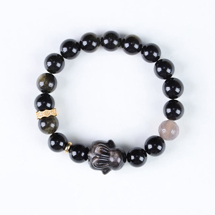 Buddha-Steine Goldglanz-Obsidian Schwarzer Obsidian Silberglanz-Obsidian Niedliches Kaninchen-Schutzarmband