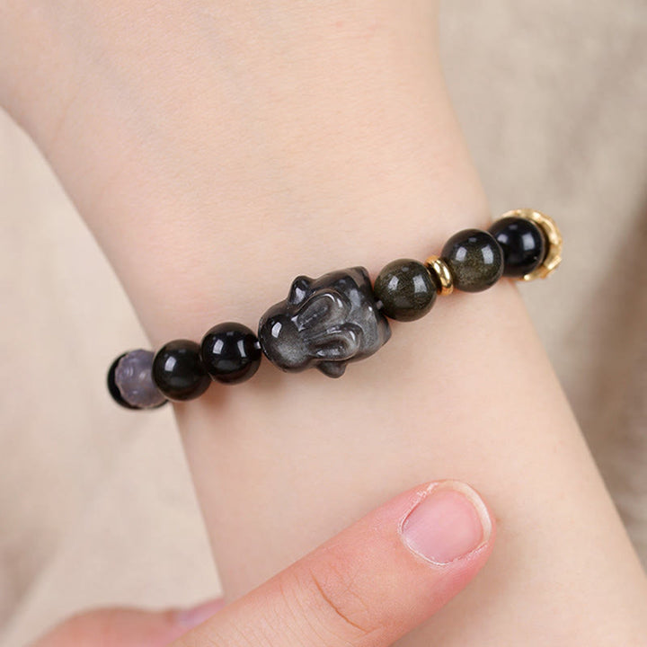 Buddha-Steine Goldglanz-Obsidian Schwarzer Obsidian Silberglanz-Obsidian Niedliches Kaninchen-Schutzarmband