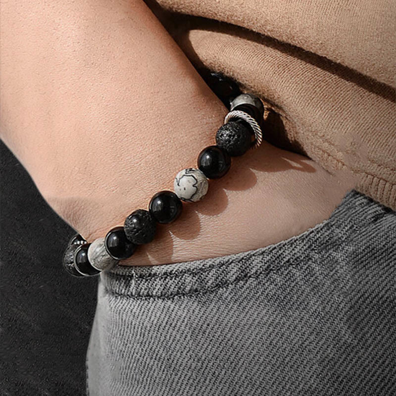 Buddha Stones Vintage Lavastein Schwarzer Obsidian Picasso Jaspis Perlen Stützseil Armband