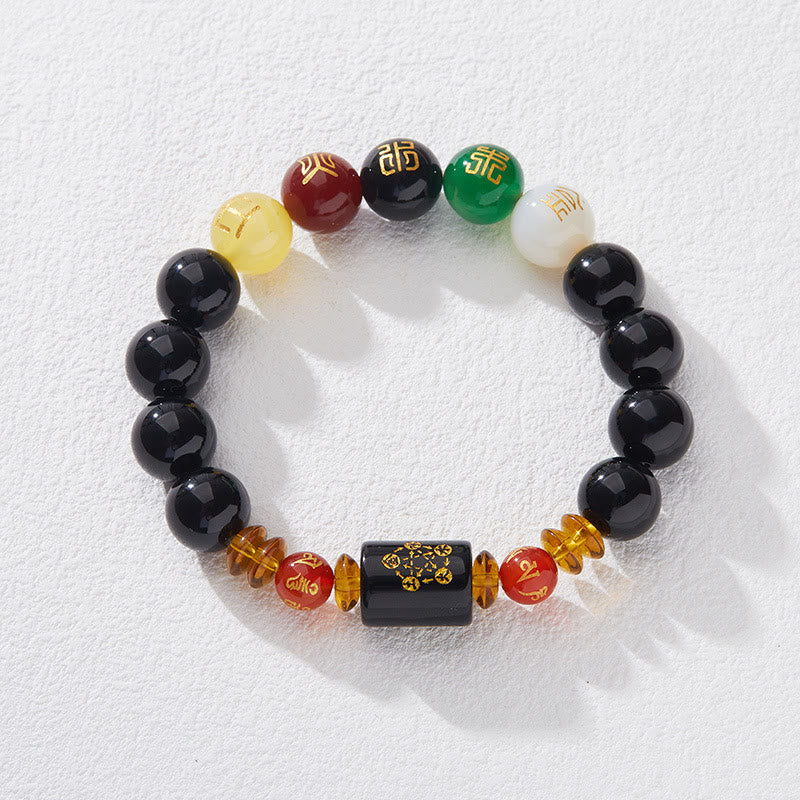 Buddha Stones Fünf Elemente Schwarzer Onyx Roter Achat Weisheit Reichtum Armband