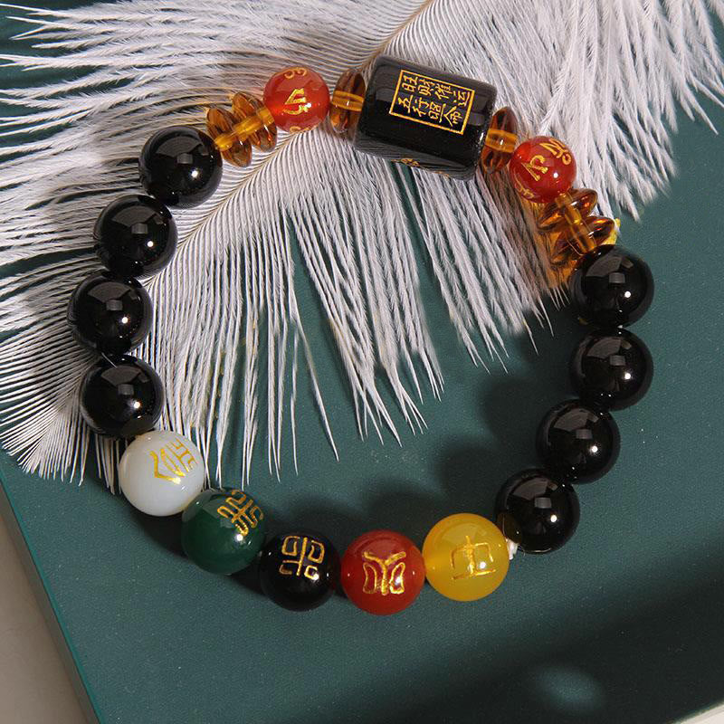 Buddha Stones Fünf Elemente Schwarzer Onyx Roter Achat Weisheit Reichtum Armband