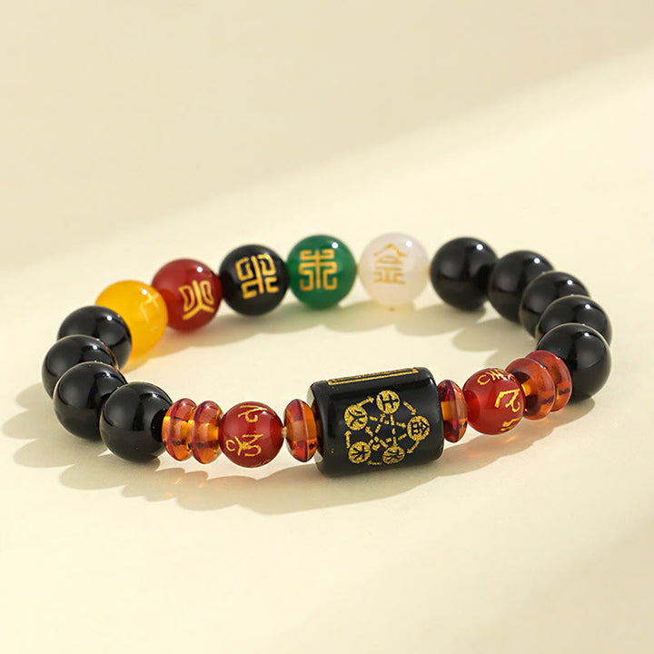 Buddha Stones Fünf Elemente Schwarzer Onyx Roter Achat Weisheit Reichtum Armband