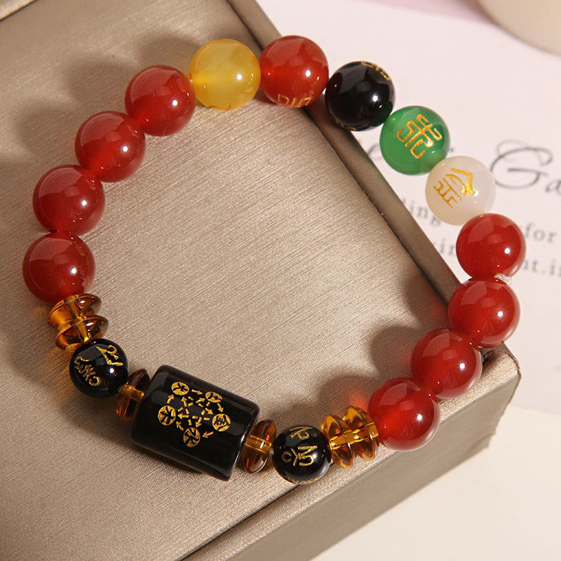 Buddha Stones Fünf Elemente Schwarzer Onyx Roter Achat Weisheit Reichtum Armband