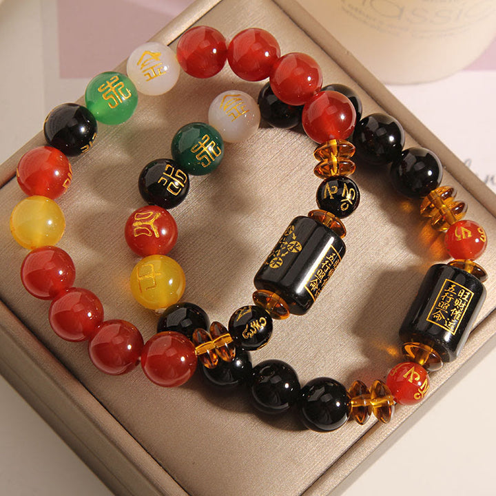 Buddha Stones Fünf Elemente Schwarzer Onyx Roter Achat Weisheit Reichtum Armband