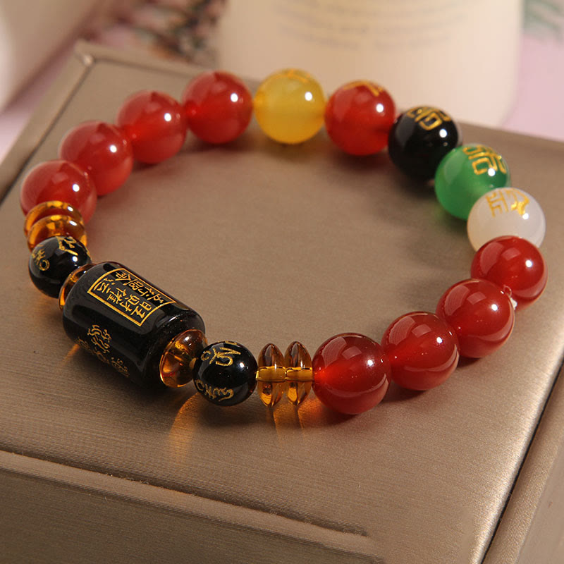 Buddha Stones Fünf Elemente Schwarzer Onyx Roter Achat Weisheit Reichtum Armband