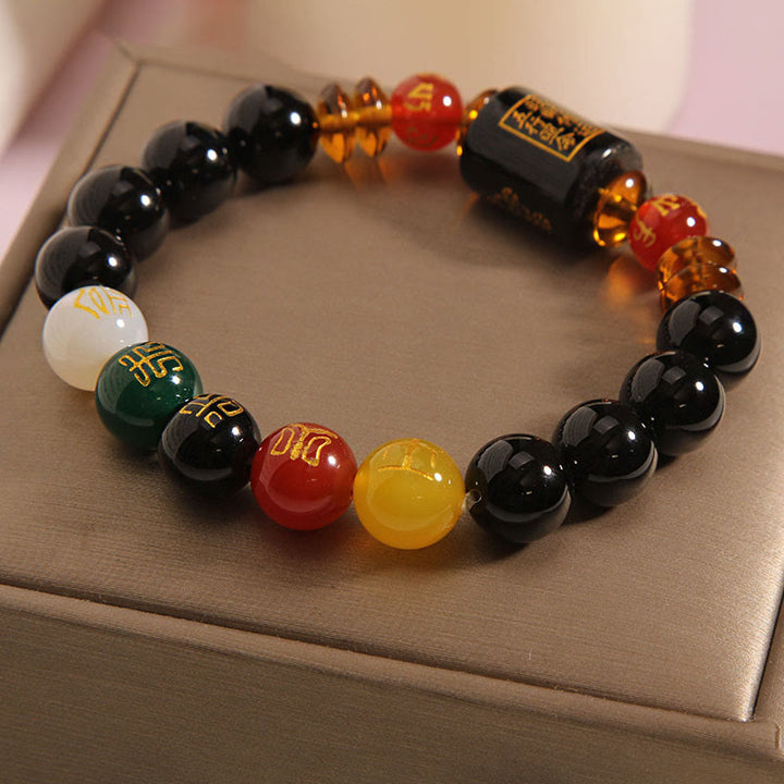 Buddha Stones Fünf Elemente Schwarzer Onyx Roter Achat Weisheit Reichtum Armband