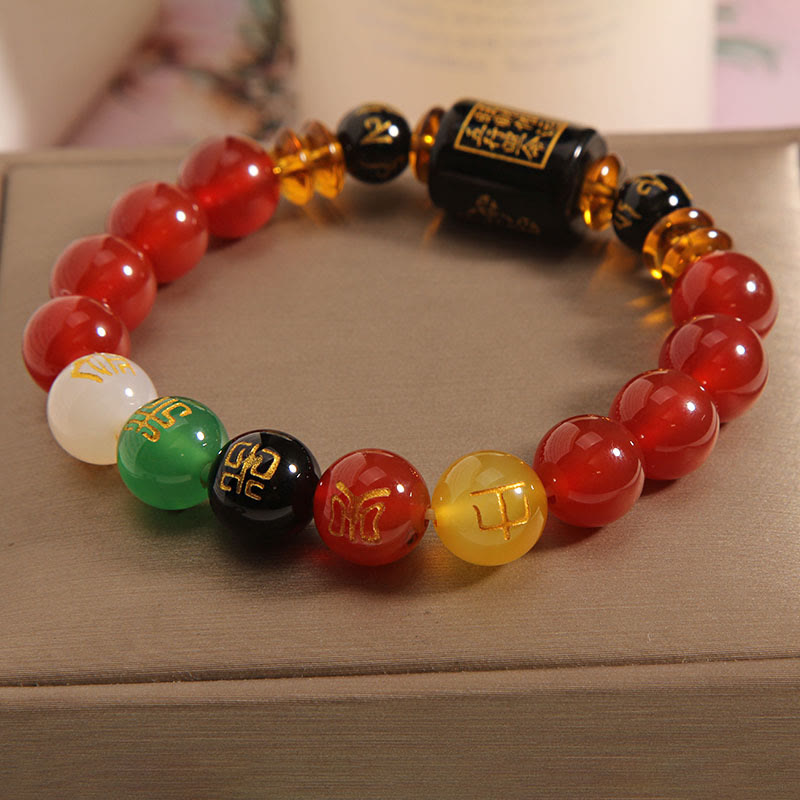 Buddha Stones Fünf Elemente Schwarzer Onyx Roter Achat Weisheit Reichtum Armband