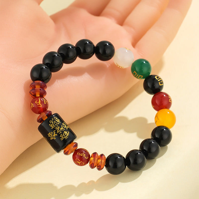 Buddha Stones Fünf Elemente Schwarzer Onyx Roter Achat Weisheit Reichtum Armband