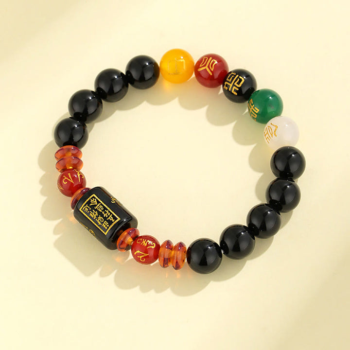 Buddha Stones Fünf Elemente Schwarzer Onyx Roter Achat Weisheit Reichtum Armband