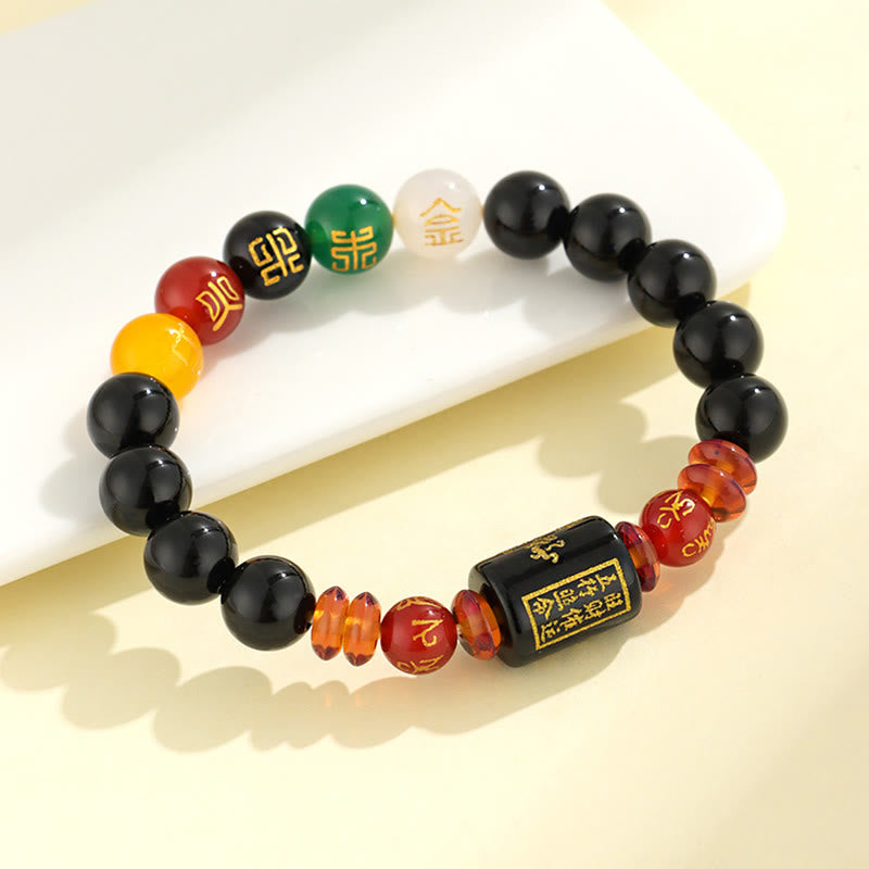 Buddha Stones Fünf Elemente Schwarzer Onyx Roter Achat Weisheit Reichtum Armband