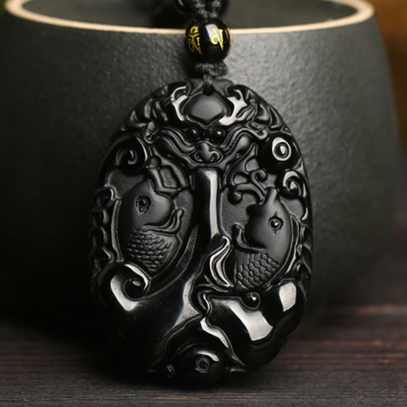 Buddha Stones Halskette mit Anhänger aus schwarzem Obsidian und Koi-Fisch, Perlenseil, Erfüllung, Stärke