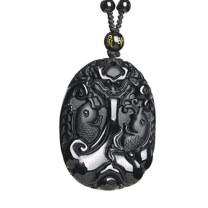 Buddha Stones Halskette mit Anhänger aus schwarzem Obsidian und Koi-Fisch, Perlenseil, Erfüllung, Stärke