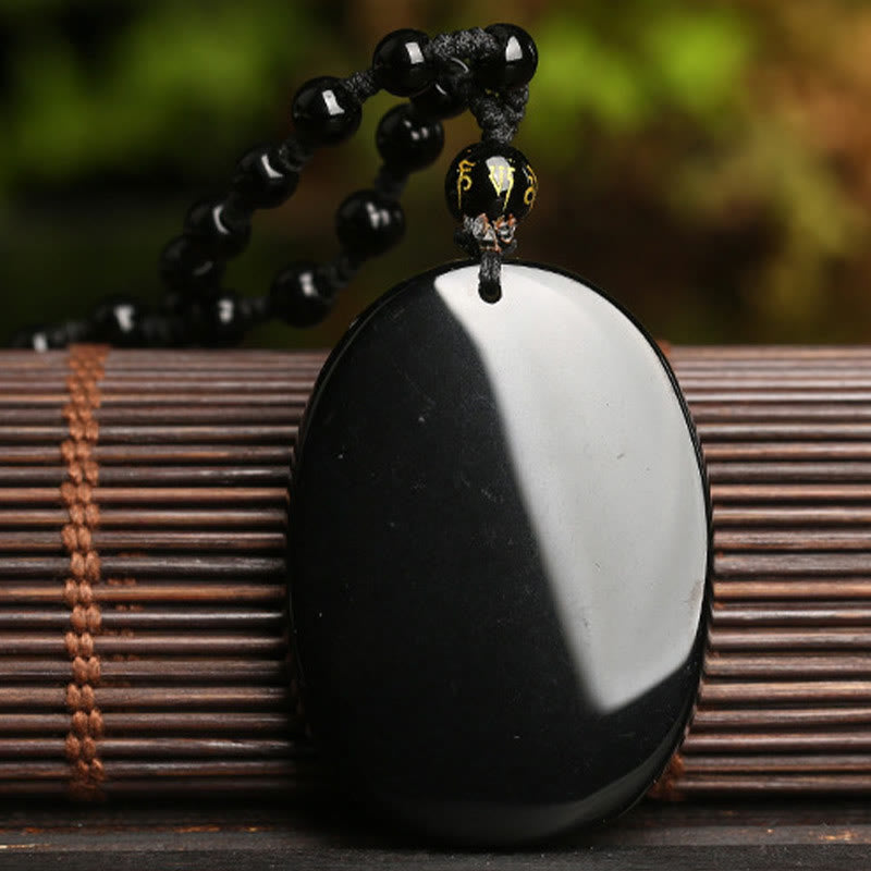 Buddha Stones Halskette mit Anhänger aus schwarzem Obsidian und Koi-Fisch, Perlenseil, Erfüllung, Stärke