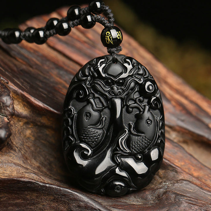 Buddha Stones Halskette mit Anhänger aus schwarzem Obsidian und Koi-Fisch, Perlenseil, Erfüllung, Stärke