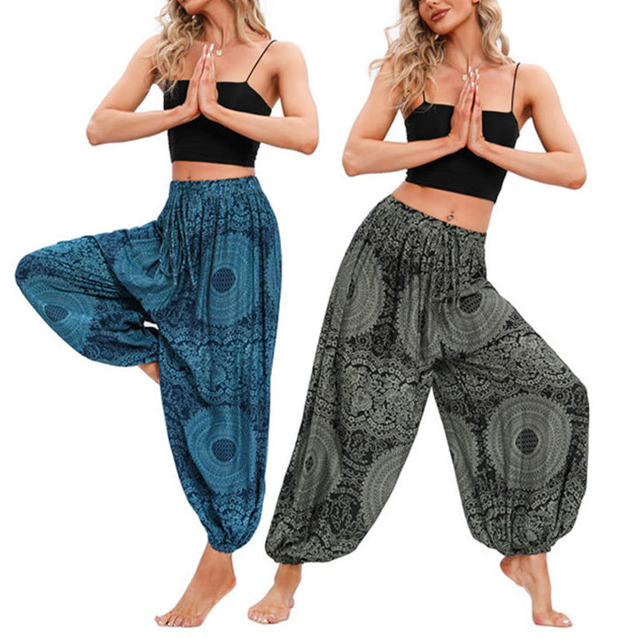 Buddha Stones Lässige, lockere Haremshose mit rundem Rosenmuster für Damen, Yogahose