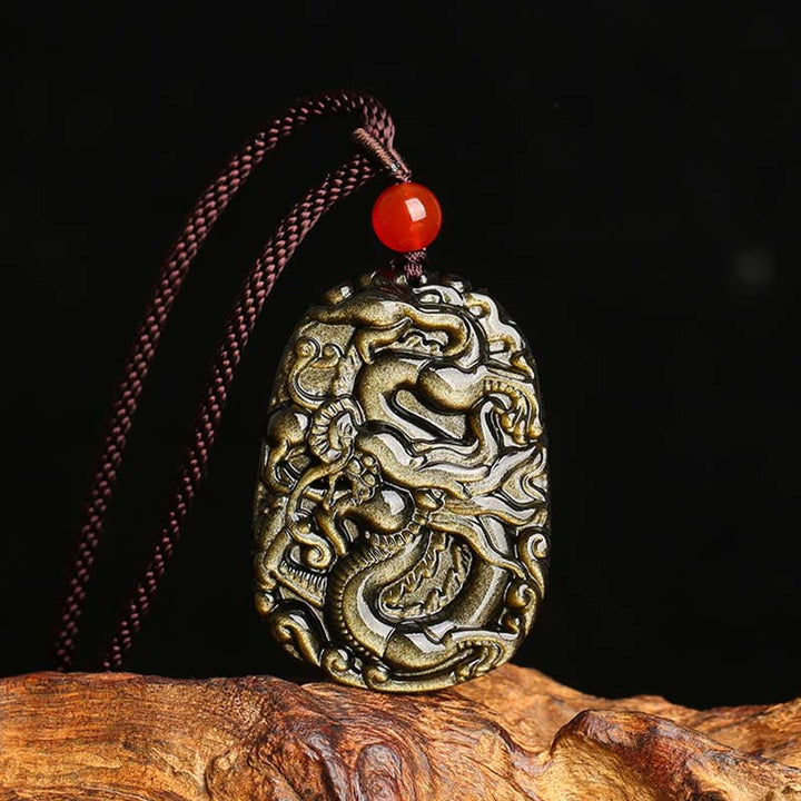 Buddha Stones Gold Sheen Obsidian Drachen Muster Erfolg Halskette Anhänger