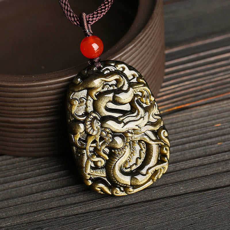 Buddha Stones Gold Sheen Obsidian Drachen Muster Erfolg Halskette Anhänger