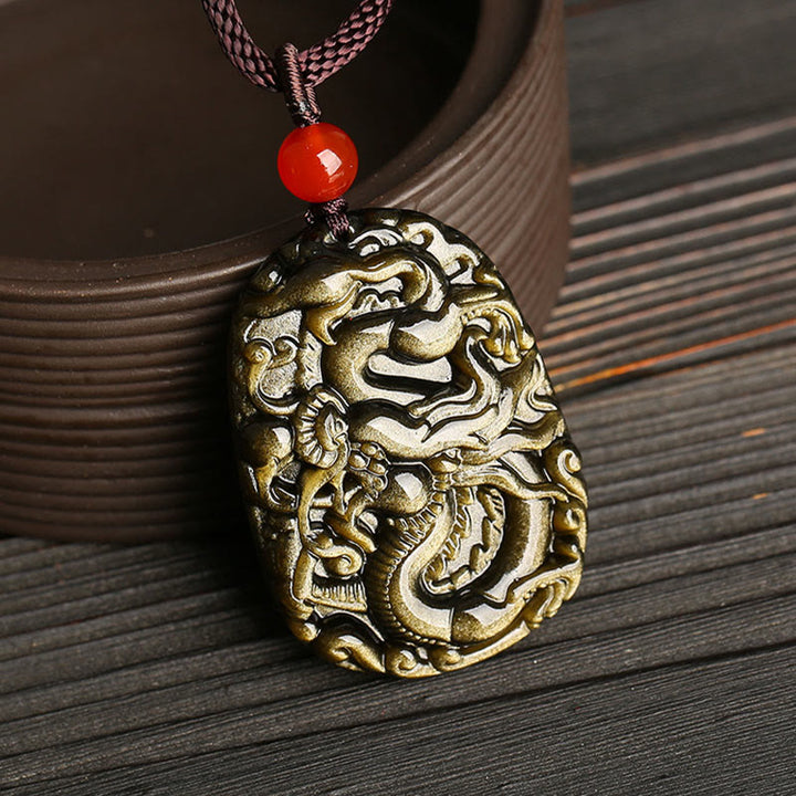 Buddha Stones Gold Sheen Obsidian Drachen Muster Erfolg Halskette Anhänger