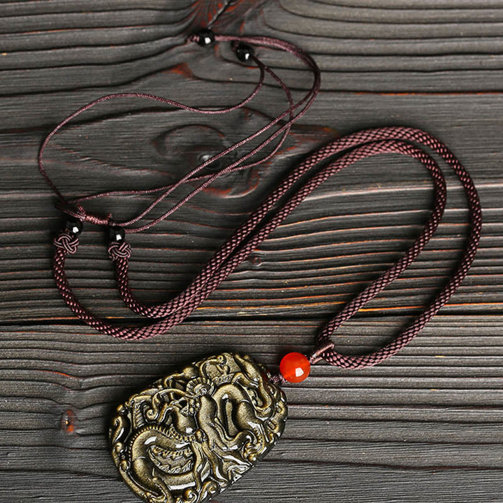 Buddha Stones Gold Sheen Obsidian Drachen Muster Erfolg Halskette Anhänger